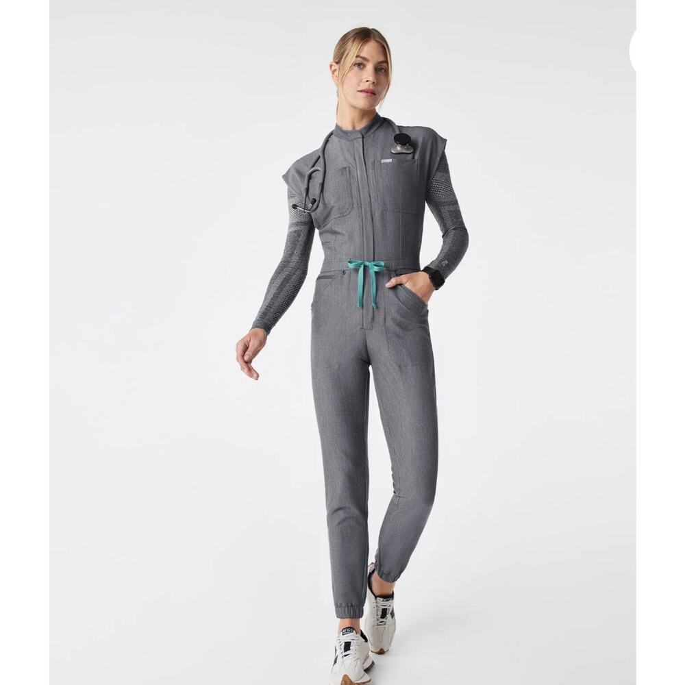 Figs Women's Grey Jumpsuit with Teal Drawcord